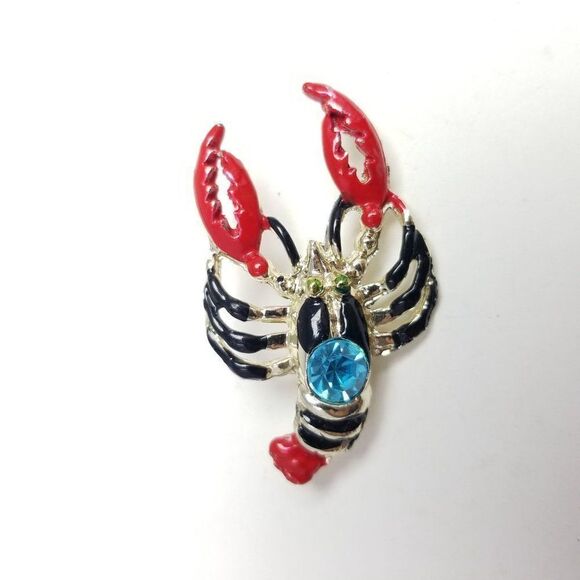 Vintage Lobster Crawfish Enamel Brooch with Blue Rhinestone, Retro Lapel Pin - Picture 2 of 6